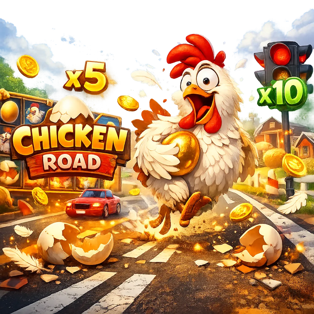 Bright promotional image featuring a funny chicken crossing a road with playful danger elements, coins, and crash-game energy