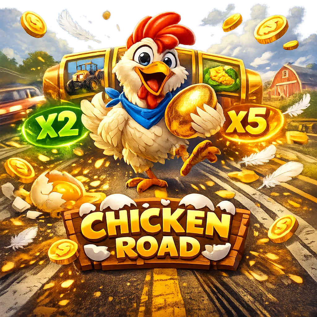 Dynamic promotional image for Chicken Road slot featuring a funny chicken, road lanes, eggs, and coins.
