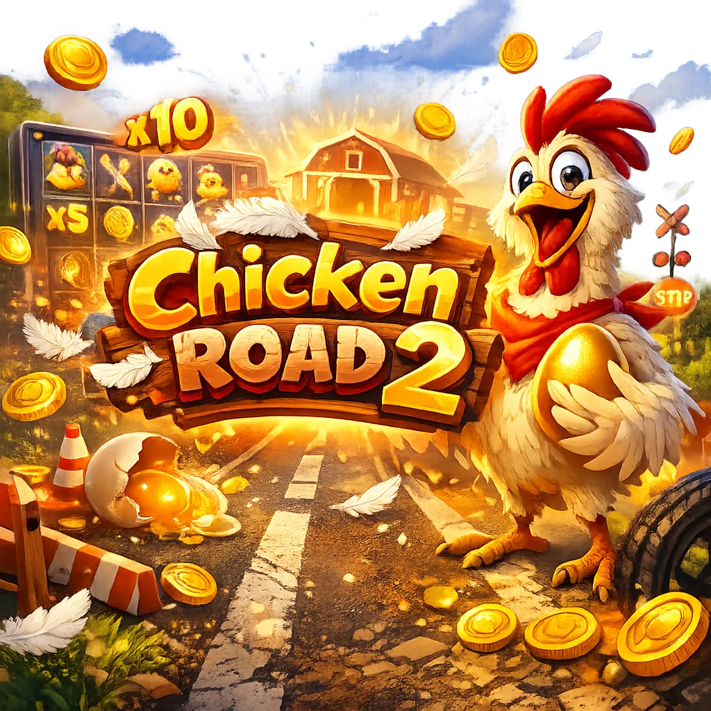 Promotional image featuring a funny chicken crossing road lanes adorned with floating coins, feathers, and bright arcade-styl
