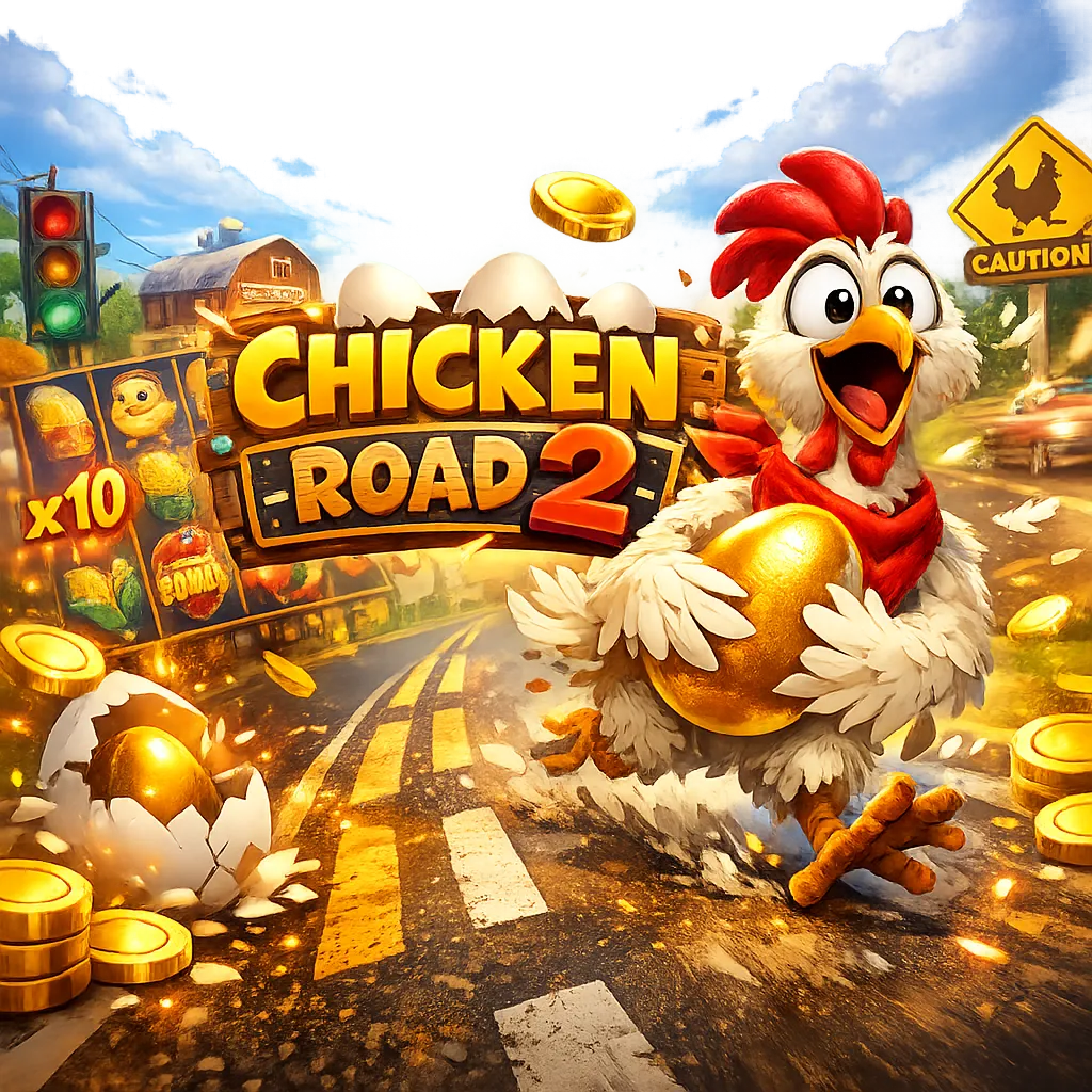 Promotional image for Chicken Road slot featuring a funny chicken on a vibrant road with coins and playful energy.