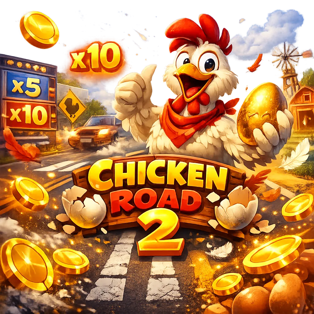 Bright promotional image for Chicken Road slot featuring a funny chicken, road lanes, eggs, and coins.