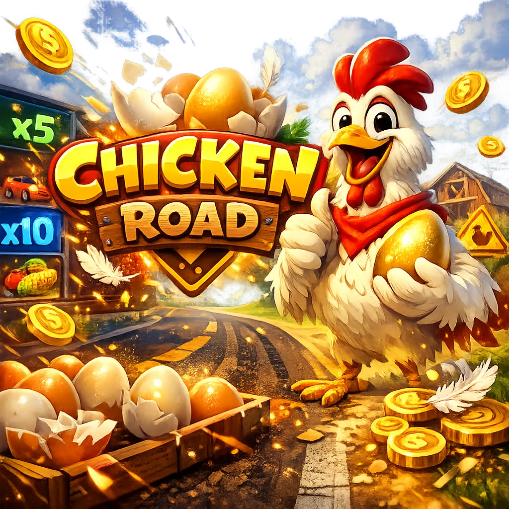 Bright dynamic promo image for Chicken Road slot featuring funny chicken and road lanes