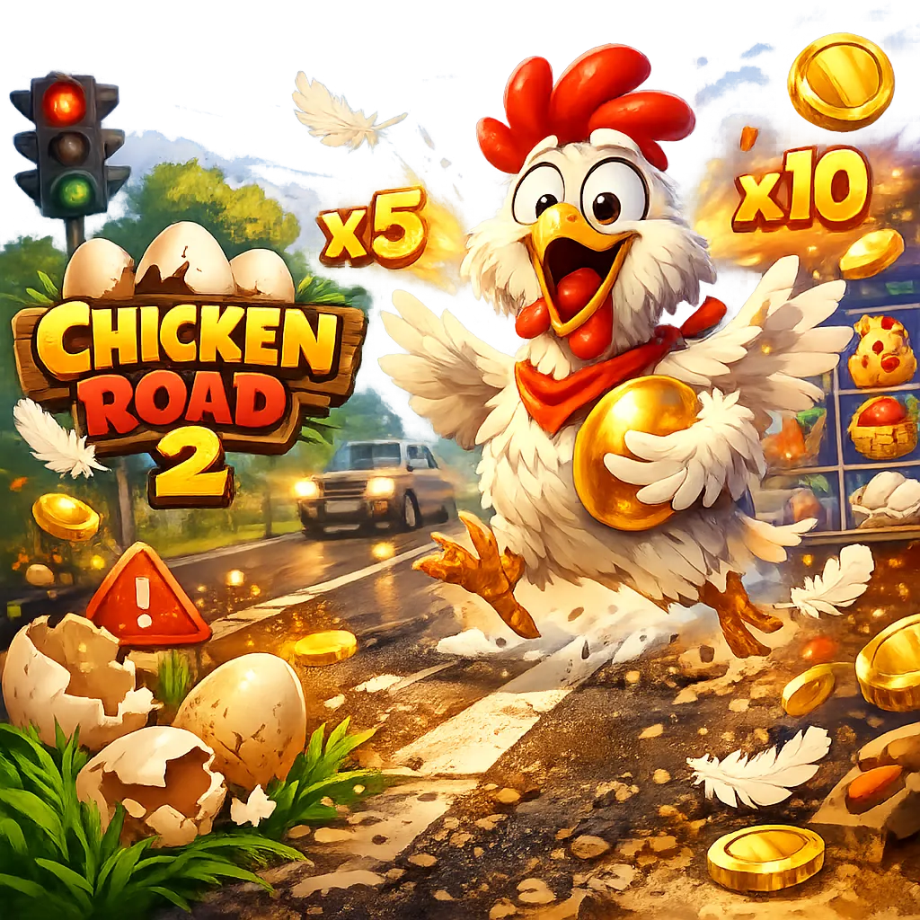 Dynamic promo image featuring a funny chicken on a road with eggs, coins, and feathers in a bright, playful setting.
